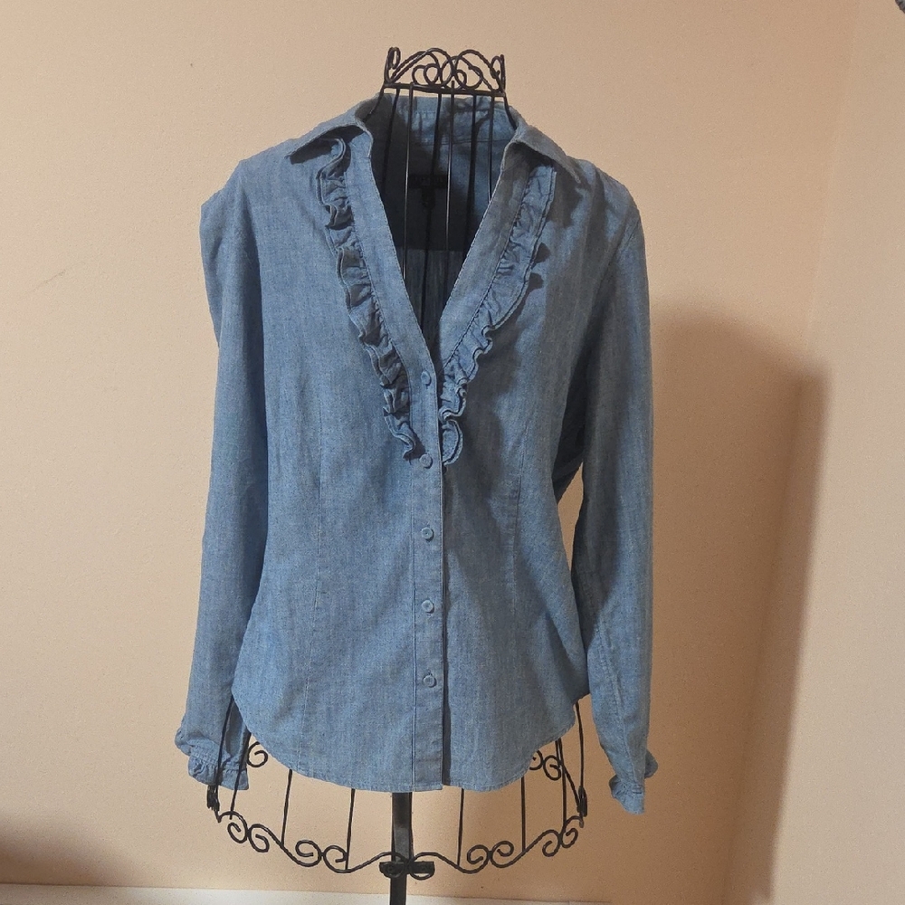 Talbots Blue  Cotton Denim Button Down With Rufflrs